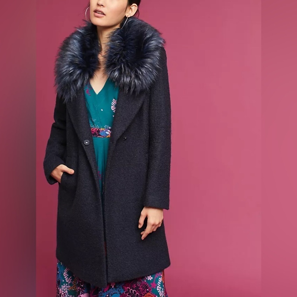 Anthropologie Navy Pea Coat with Faux Fur Collar